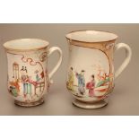 TWO CHINESE EXPORT PORCELAIN MUGS each of baluster form painted in polychrome enamels, the larger