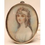 ENGLISH SCHOOL (c.1800), A Lady with Curled Hair and White Hairband, oval on ivory, unsigned, 3 1/4"