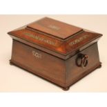 A VICTORIAN ROSEWOOD WORK BOX of sarcophagus form with reed edging and inlaid mother of pearl