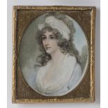 ENGLISH SCHOOL (Late 18th Century), A Lady with White Hair Band and Pale Blue Dress, oval on