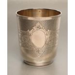 A FRENCH SILVER BEAKER, 20th century, of rounded flared cylindrical form, bright cut engraved with a
