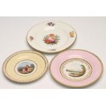 THREE ENGLISH PORCELAIN PLATES, comprising a Derby example painted with a loose bouquet of
