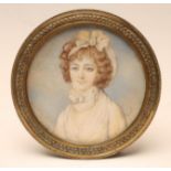 ENGLISH SCHOOL (Late 18th Century), A Lady in a White Dress and Hairband, roundel on ivory,