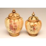 TWO GRADUATED ROYAL WORCESTER CHINA POT POURRIS AND COVERS, 1899 and 1912 (smaller), of lobed