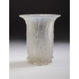 A LALIQUE BLUE OPALESCENT GLASS VASE of flared cylindrical form, moulded with the "Eucolyptus"