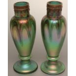 A PAIR OF AUSTRIAN ART NOUVEAU IRIDESCENT GREEN GLASS VASES, of rounded flared cylindrical form with