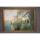 DAVID STEFAN PRZEPIORA (b.1944), Lakeside Monastery, oil on board, signed, 48 1/2" x 70", framed (