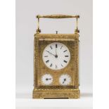 A FRENCH BRASS CASED CARRIAGE CLOCK by Leroy Paris, the twin barrel repeater movement with