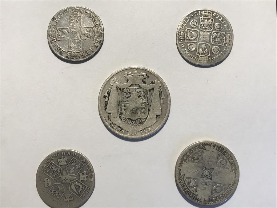 5 x Silver Coins Including Anna Dei Gratia (1707), George IVS III (1787), Victoria Regina (1849), Gu - Image 2 of 2