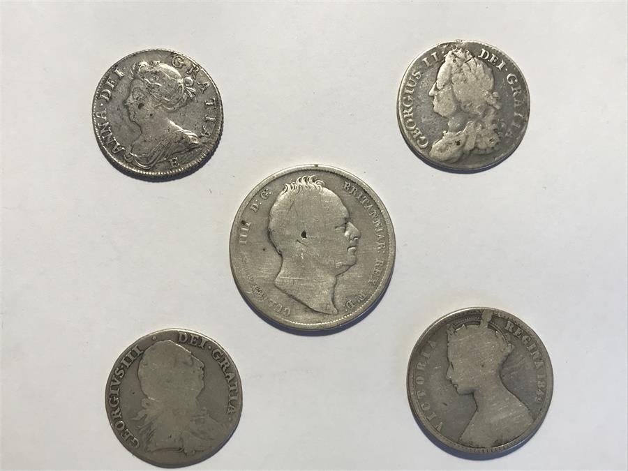 5 x Silver Coins Including Anna Dei Gratia (1707), George IVS III (1787), Victoria Regina (1849), Gu