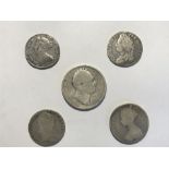 5 x Silver Coins Including Anna Dei Gratia (1707), George IVS III (1787), Victoria Regina (1849), Gu