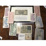 A Collection of Banknotes to Include $1000 Japanese Bank note and Military Currency.