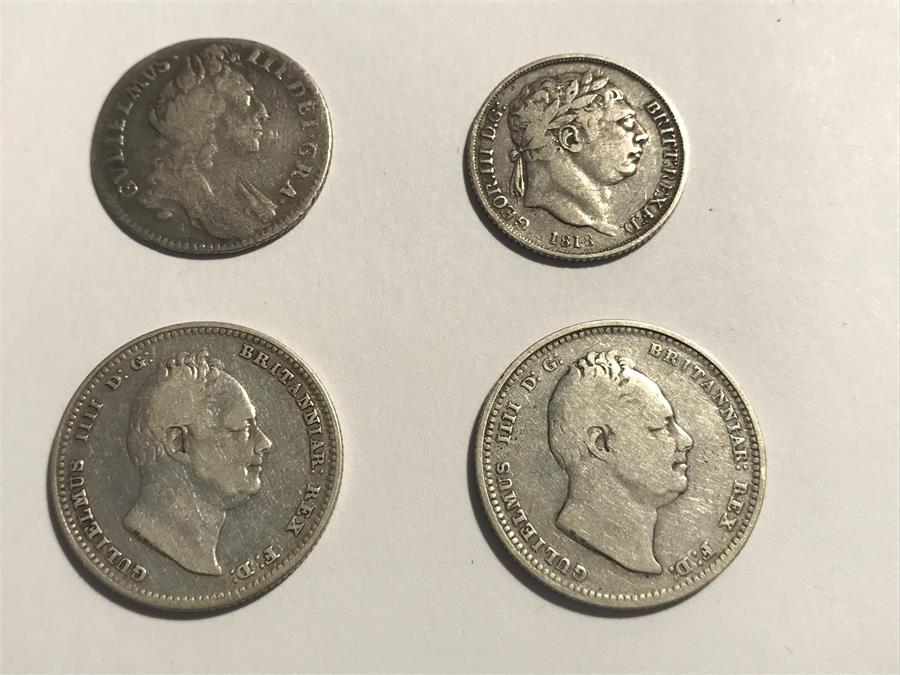 4 x Silver Coins including George III, Gullelmus III and Gullelmus IIII