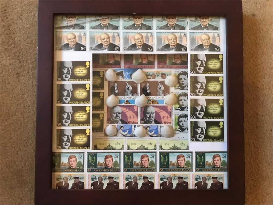 Framed Winston Churchill Stamp Display with Sea shells