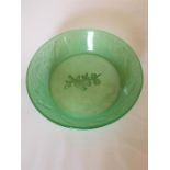 Green Glass Bowl with Bird Etching