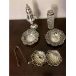 Selection of silver items inc. salts, sifter etc.