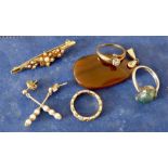 Three rings, pair earrings, seed pearl brooch and hardstone pendant