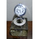 Cut glass inkwell with silver goliath watch in silver mounts by John Grinsell & Sons