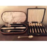 Boxed Silver Christening Set and Six Silver Tea Spoons and Henry VIII Commemorative Spoon