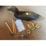 Mixed lot including porcelain menu, decoy duck, ruler etc.