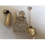 Silver cased scent bottle, glass scent bottle, silver cork screw and Masonic teaspoon