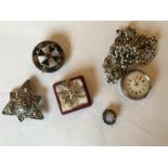 Continental 19thC silver ladies pocket watch, white metal Celtic style brooch etc.
