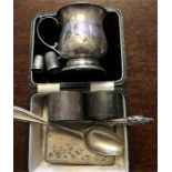 Silver items inc. christening mug, cigarette case, two thimbles etc.