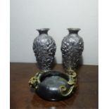 Two Japanese silvered vases and a Chinese bronze brush washer