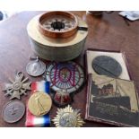 Miscellany inc. WW II service medals, German Iron Cross Lusitania medal, mystery brass shell etc.