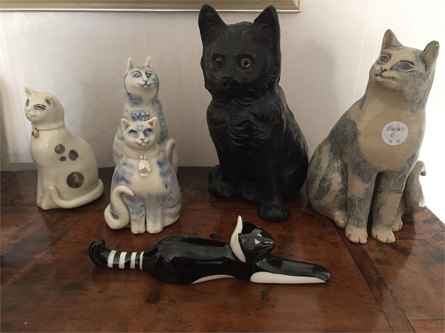 Six Pottery Cat Figures Including Bretby and Chielow