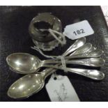 Silver mounted travelling inkwell and six Sheffield silver spoons 1918 by James Dixon