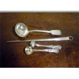 Two superb large silver salt spoons W Eaton 1840, a skewer and a ladle 5.7 ozt