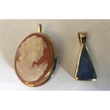 A shell cameo mounted in 9ct gold blue 9ct golf mounted pendant.