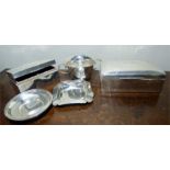 Two silver cigarette boxes, ashtray and a cup and cover