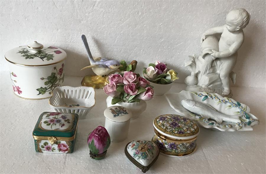 Miscellaneous ceramics to include Royal Albert roses, Minton jam pot, Limoges pillboxes and Parian f