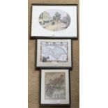 Three 19th C prints including map of the north riding of Yorkshire,
