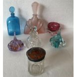 Seven pieces of glass including two Caithness ring stands and a silver and tortoiseshell topped jar