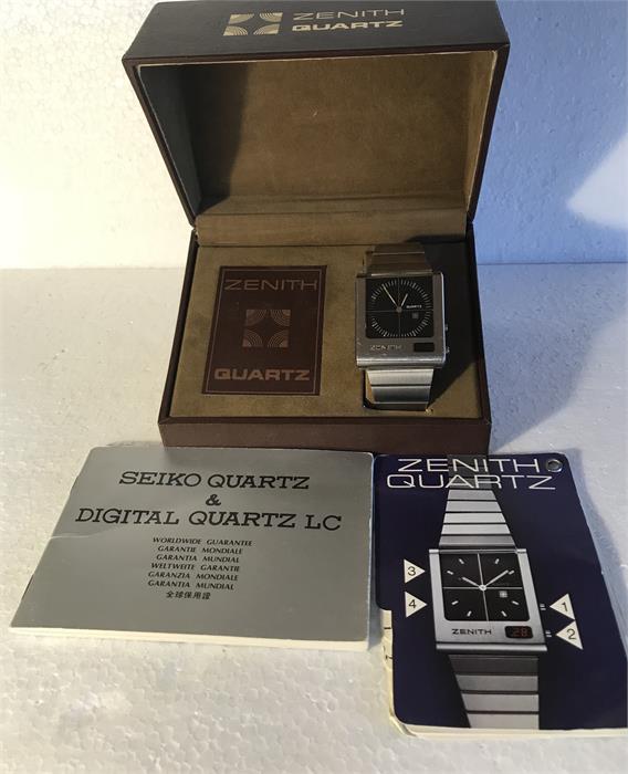 A Gents 1970’s Zenith stainless steel quartz watch with original box and papers.