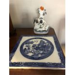 Staffordshire figure and large Minton b/w tile