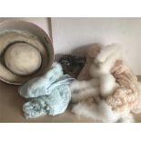 Vintage fur trimmed hat, two fur collars and two vintage swans down mounted bed jackets.
