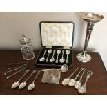 Collection of silver inc. vase, box set 6 teaspoons, napkin ring, etc and 4 white metal spoons