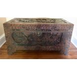 Chinese carved hardwood chest 93w x 50h x 45cms d