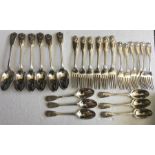 Matched cutlery set, fiddle, thread and shell pattern, 6 of each, inc. 1843 Thomas Wallis, 62ozt app