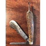 Large vintage staghorn handled knife with unusual blade