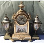 Fine quality French clock garniture with hand painted enamel panels, clock gilding restored.