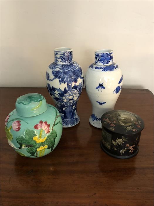 Two blue and white Chinese vases, porcelain ginger jar and a laquer box