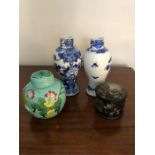 Two blue and white Chinese vases, porcelain ginger jar and a laquer box