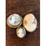 Three cameo brooches 1 marked 9ct gold