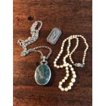 Silver chain and agate pendant, cultured pearl necklace and silver M brooch