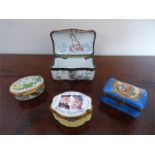 Three enamel boxes and 1 porcelain inc. Before and After marriage and a good 18thC snuff
